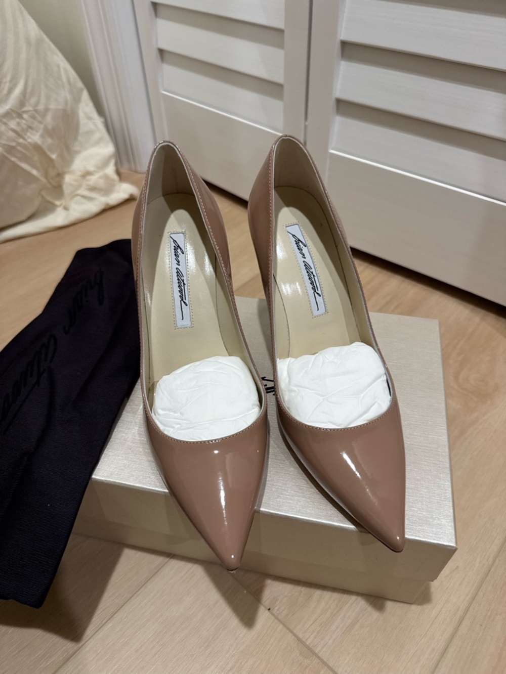 Brian Atwood Taupe Patent Leather Pointed-Toe Pumps